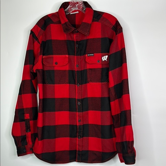 Columbia UW Wisconsin Buffalo Plaid Heavy Long Sleeve Button Up Shirt Large - Picture 1 of 8